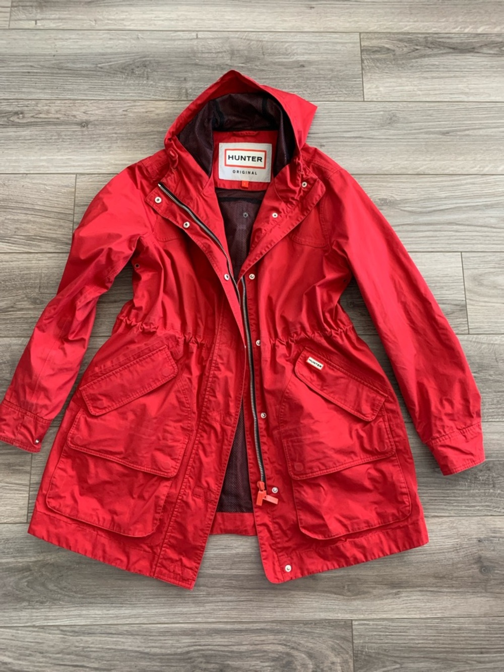 Hunter Red Trench Parka Rain Jacket-Cinched Waist - Lightweight; Size L 12-14